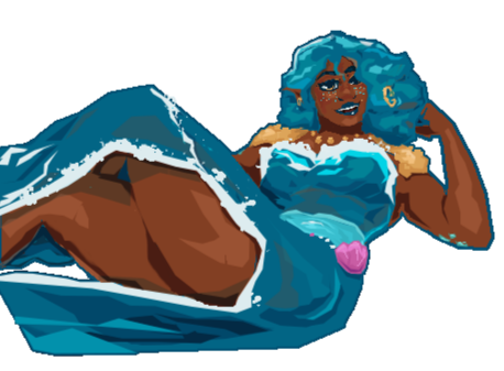 Line-less art of Allegro leaning back, a high slit in their dress exposing both thighs with one leg crossed over the other.