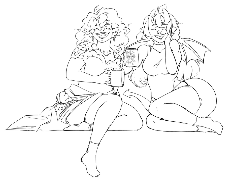 A black and white sketch of Allegro and a humanoid GoodAppleBoy sitting together, wearing socks and holding mugs with smiles on their faces.