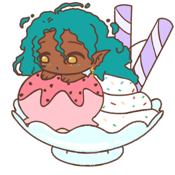 Chibi Allegro sits on a pink and white ice cream sundae with purple cookie straws.