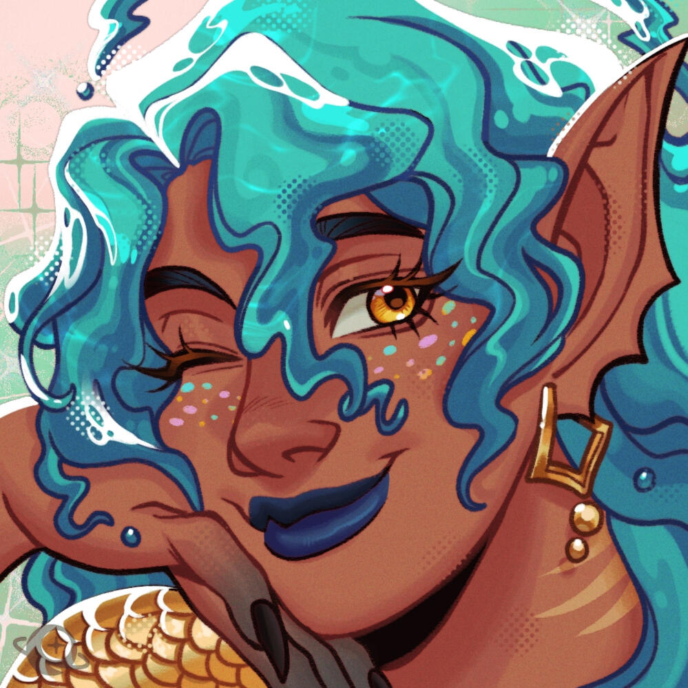 Art of a smiling brown-skinned Siren with brown skin, water-like teal curls, fin ears, golden eyes, and pastel scale freckles wearing dark blue lipstick.