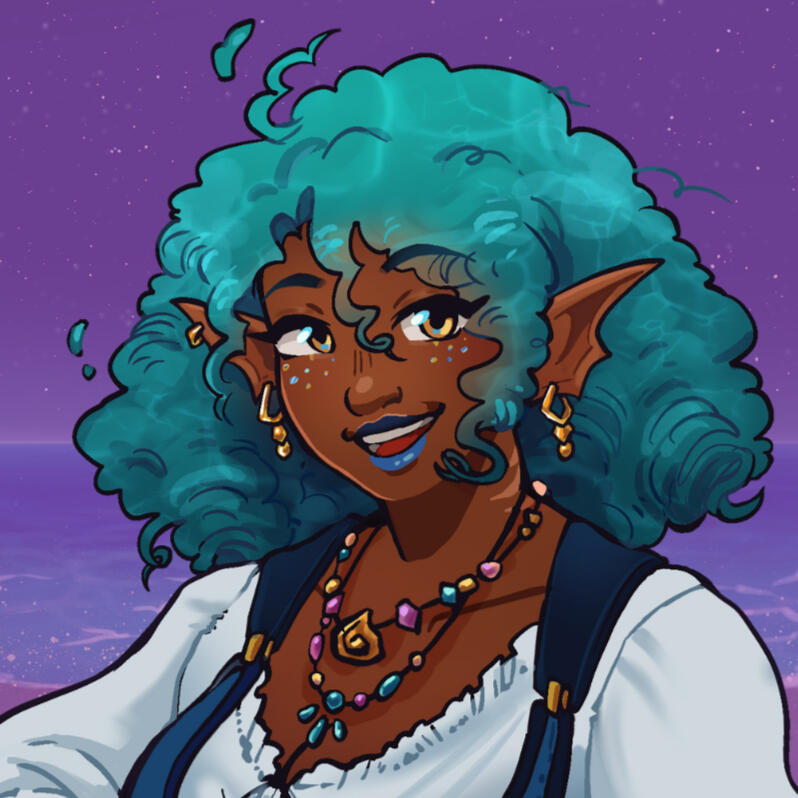 Art of a smiling brown-skinned Siren with water-like teal curls, webbed ears, golden jewelry, and a white peasant blouse with blue leather straps.